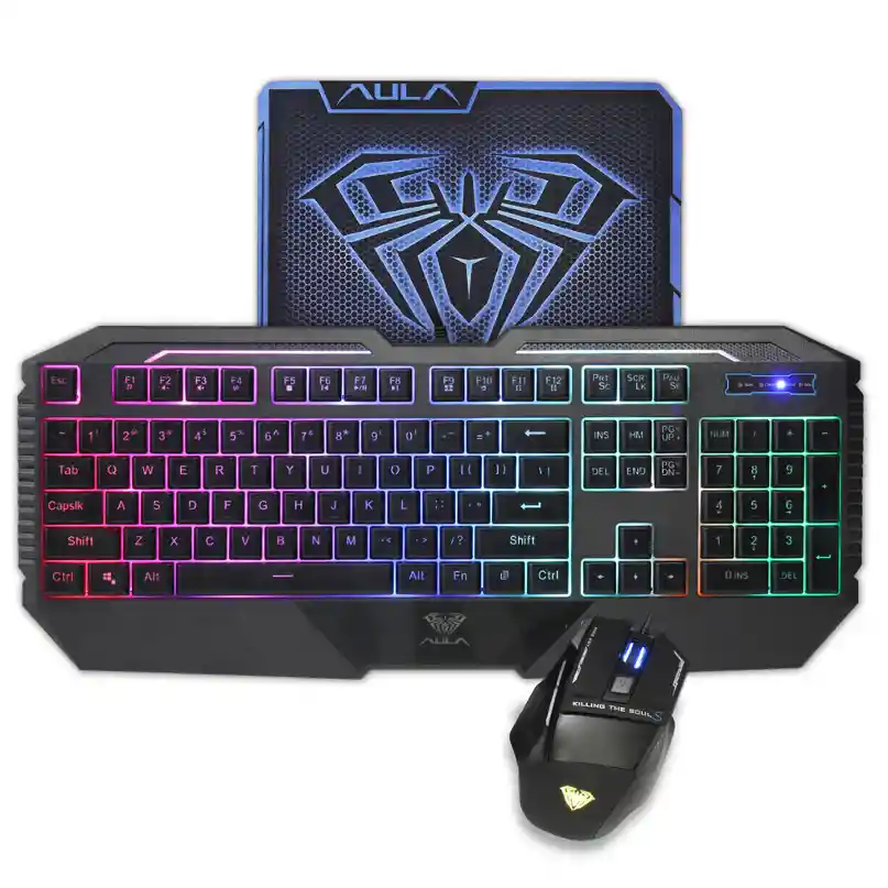 Colorful backlit keyboard and mouse set in black or white