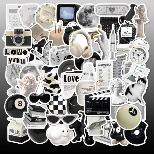 61-piece black and white PVC sticker pack