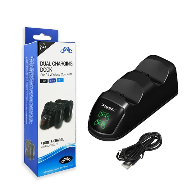 Black PS4 dual controller charging dock with LED status indicators