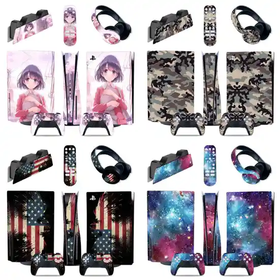 PVC sticker set for PS5 console with handle, front, back, and side stickers