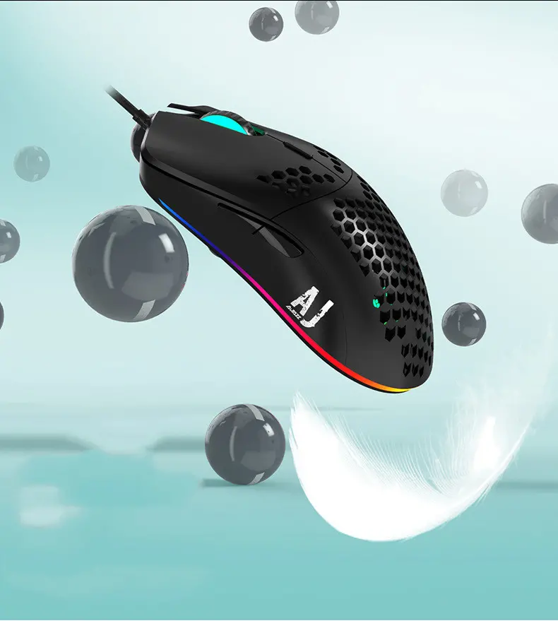AJ390 black and white wired gaming mouse with hollow design