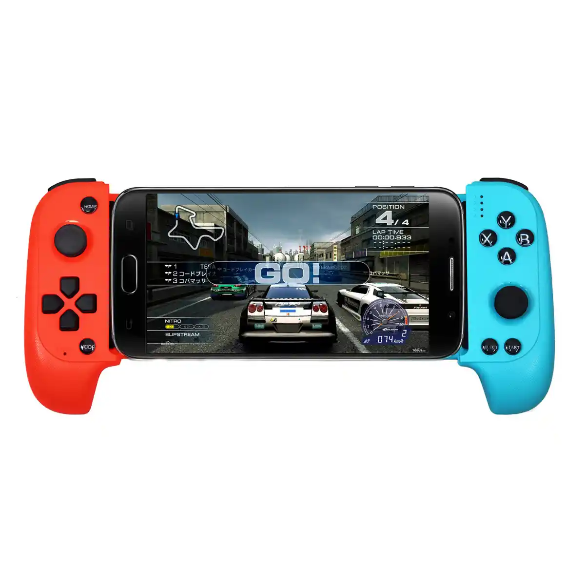 Retractable Bluetooth mobile gamepad in black and red-and-blue options