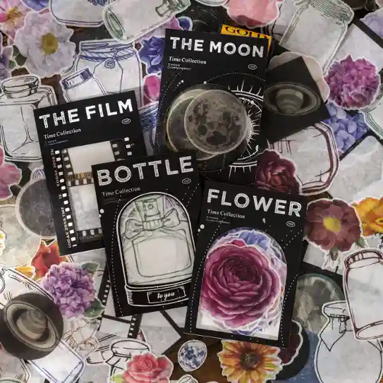 Moon Flower retro washi sticker pack in a printed bottle and time series design