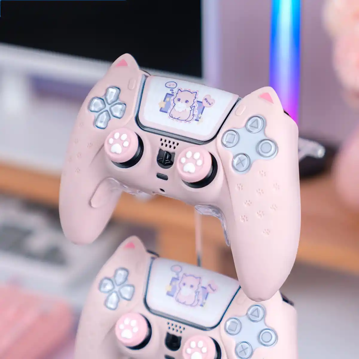 Pink silicone cat paw controller cover with touchpad sticker for PS5 original controller