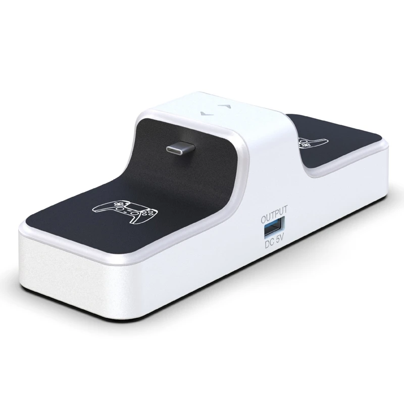 White dual PS5 controller charging dock with USB-C input