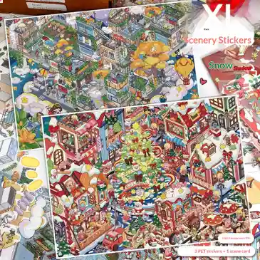 Snow Reflects Christmas 3D cartoon town scene journal sticker